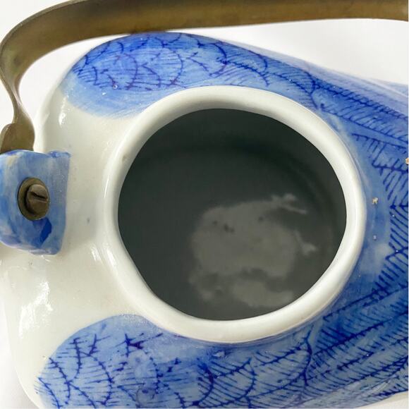 Vintage Blue and White Duck Teapot with Brass Handle - Collectible Ceramic - Picture 7 of 9